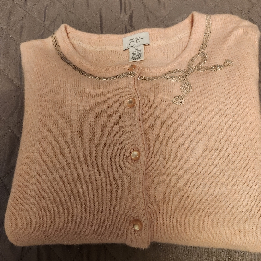 Loft Angora Wool Pink Beaded Cardigan Sweater Size M